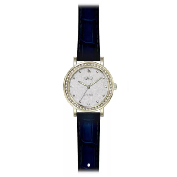 Ceas damă Q&Q quartz, carcasă aurie, curea neagră, cadran argintiu QB45J101Y