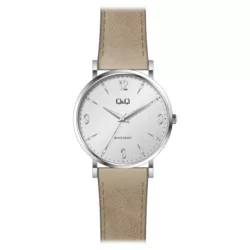   Ceas bărbătesc Q&Q quartz, carcasă argintie, curea bej, cadran argintiu QB40J304Y