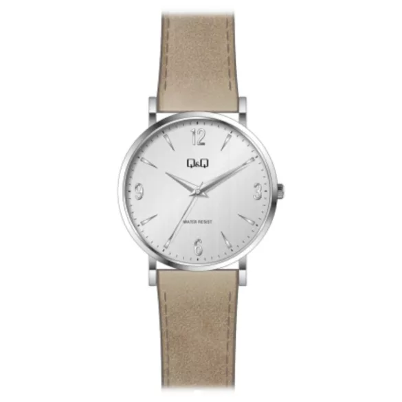 Ceas bărbătesc Q&Q quartz, carcasă argintie, curea bej, cadran argintiu QB40J304Y