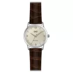   Ceas bărbătesc Q&Q quartz, carcasă argintie, curea maro, cadran bej QB30J303Y