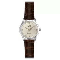  Ceas bărbătesc Q&Q quartz, carcasă argintie, curea maro, cadran bej QB30J303Y
