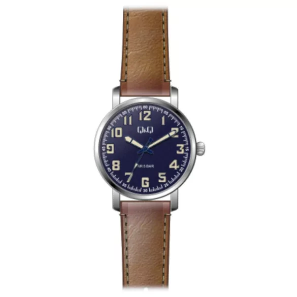 Ceas bărbătesc Q&Q quartz, carcasă argintie, curea maro, cadran gri QB28J305Y