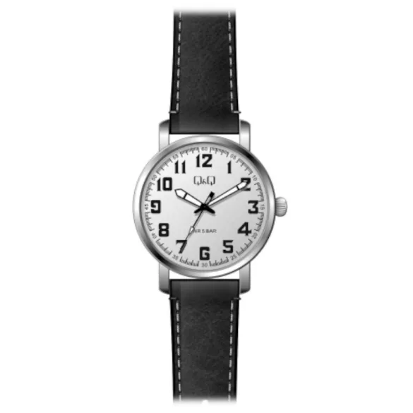 Ceas bărbătesc Q&Q quartz, carcasă argintie, curea neagră, cadran alb QB28J304YY