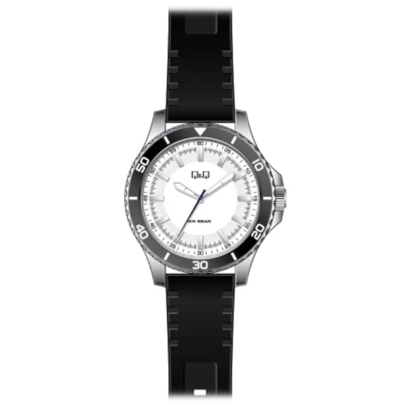 Ceas bărbătesc Q&Q quartz, carcasă argintie, curea neagră din silicon, cadran alb QB24J311Y