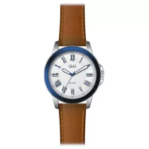   Ceas bărbătesc Q&Q quartz, carcasă argintie, curea maro, cadran alb QB22J307Y