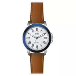   Ceas bărbătesc Q&Q quartz, carcasă argintie, curea maro, cadran alb QB22J307Y