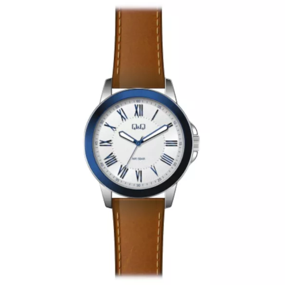 Ceas bărbătesc Q&Q quartz, carcasă argintie, curea maro, cadran alb QB22J307Y
