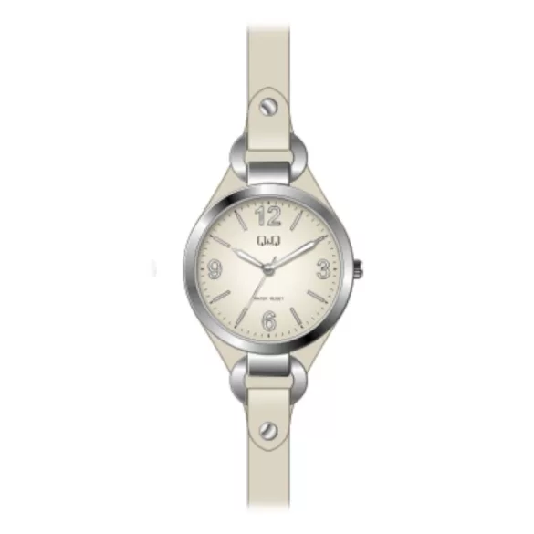 Ceas damă Q&Q quartz, carcasă argintie, curea bej, cadran alb QB17J303Y