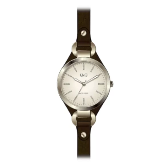 Ceas damă Q&Q quartz, carcasă aurie, curea maro, cadran alb QB17J100Y