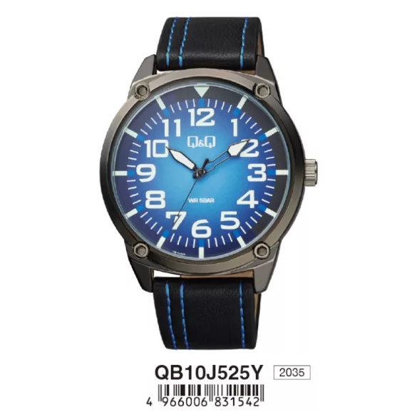 Ceas bărbătesc Q&Q quartz, carcasă și curea neagră, cadran albastru QB10J525Y