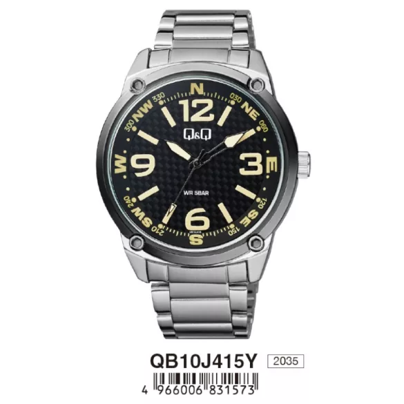 Ceas bărbătesc Q&Q quartz, carcasă și brățară argintie, cadran negru QB10J415Y