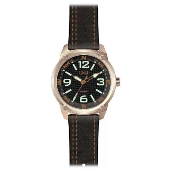 Ceas bărbătesc Q&Q quartz, carcasă culoare rosegold, curea maro, cadran maro QB10J115Y