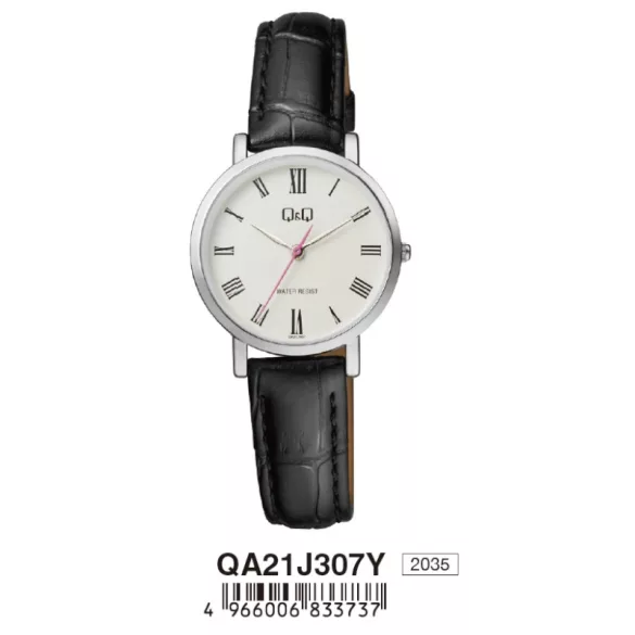 Ceas damă Q&Q quartz, carcasă argintie, curea neagră, cadran alb QA21J307Y