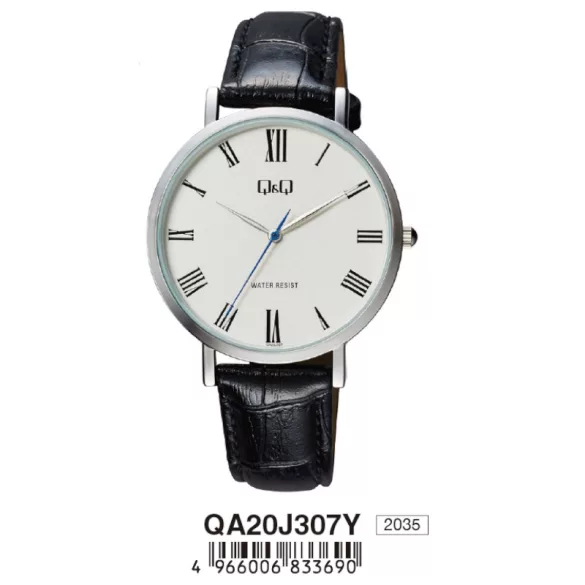 Ceas bărbătesc Q&Q quartz, carcasă argintie, curea neagră, cadran argintiu QA20J307Y