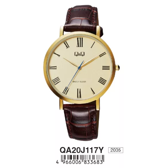 Ceas bărbătesc Q&Q quartz, carcasă aurie, curea maro, cadran bej QA20J117Y