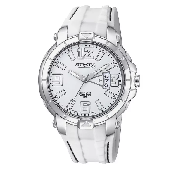 Ceas bărbătesc Q&Q quartz, carcasă argintie, curea albă, cadran alb DG16J304Y
