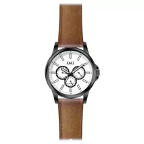   Ceas bărbătesc Q&Q quartz, carcasă gri, curea maro, cadran argintiu AA32J501Y
