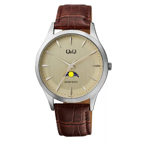 Ceas bărbătesc Q&Q quartz, carcasă argintie, curea maro, cadran bej AA30J311Y