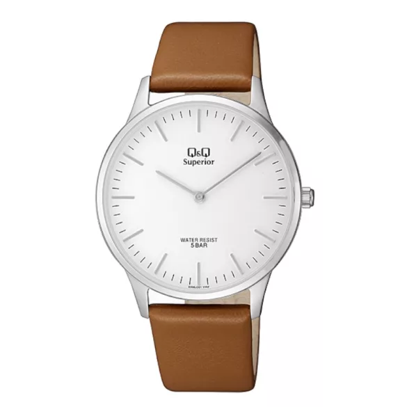 Ceas bărbătesc Q&Q quartz, carcasă argintie, curea maro, cadran alb S306J301Y