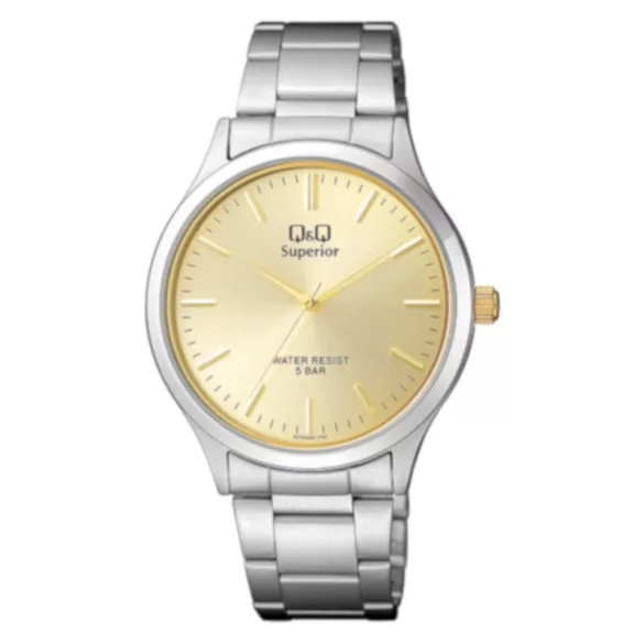 Ceas bărbătesc Q&Q quartz, carcasă și brățară argintie, cadran auriu S278J200Y