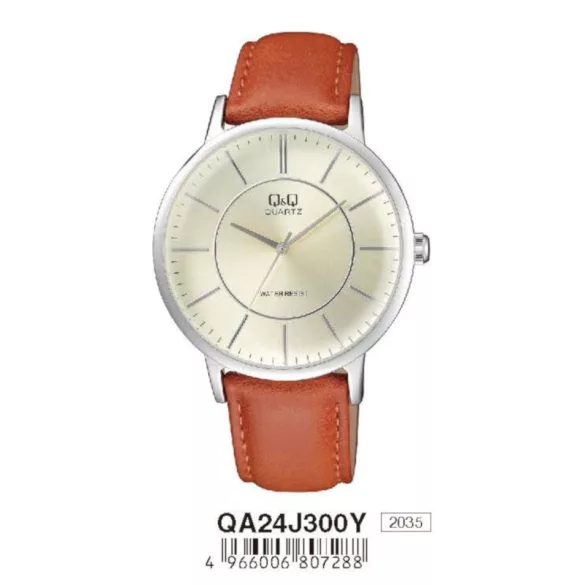 Ceas bărbătesc Q&Q quartz, carcasă argintie, curea maro, cadran alb QA24J300Y