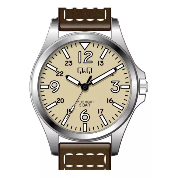 Ceas bărbătesc Q&Q quartz, carcasă argintie, curea maro, cadran maro QB12J315Y