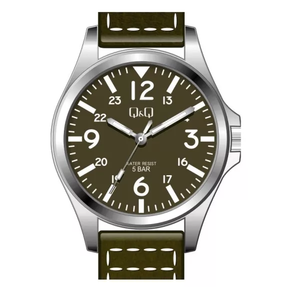 Ceas bărbătesc Q&Q quartz, carcasă argintie, curea maro, cadran maro QB12J345Y