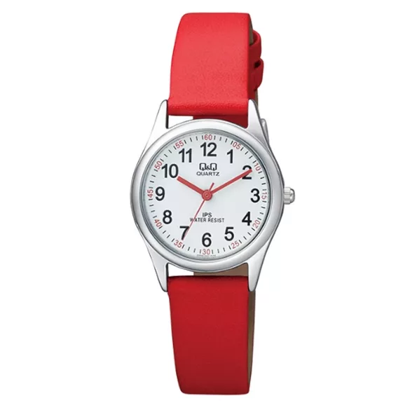 Ceas damă Q&Q quartz, carcasă argintie, curea roșie, cadran alb QZ09J324Y