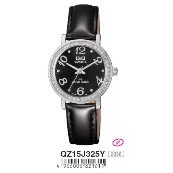 Ceas damă Q&Q quartz, carcasă argintie, curea neagră, cadran negru QZ15J325Y