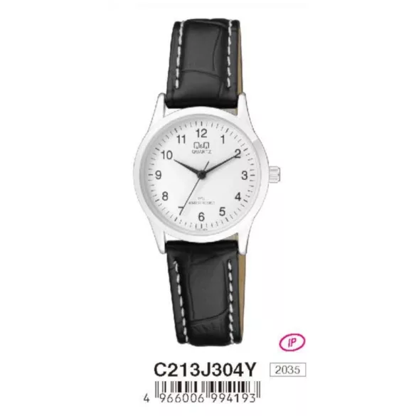 Ceas damă Q&Q quartz, carcasă argintie, curea neagră, cadran alb C213J304Y