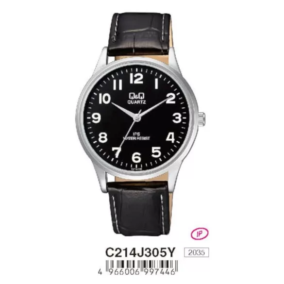 Ceas bărbătesc Q&Q quartz, carcasă argintie, curea neagră, cadran negru C214J305Y