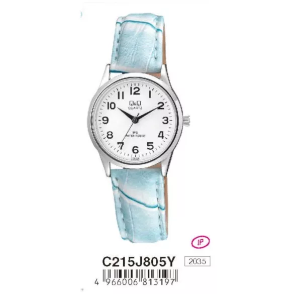 Ceas damă Q&Q quartz, carcasă argintie, curea albastră, cadran alb C215J805Y