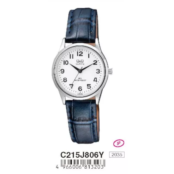 Ceas damă Q&Q quartz, carcasă argintie, curea albastră, cadran alb C215J806Y