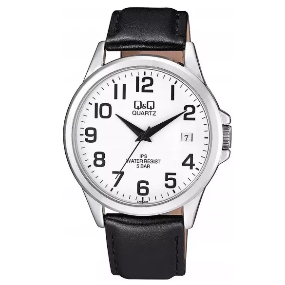 Ceas bărbătesc Q&Q quartz, carcasă argintie, curea neagră, cadran alb CA08J805Y
