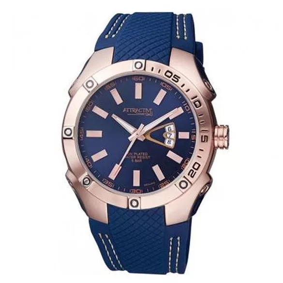 Ceas bărbătesc Q&Q quartz, carcasă culoare rosegold, curea albastră, cadran albastru DB24J542Y
