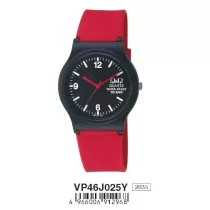   Ceas damă Q&Q quartz, carcasă neagră, curea roșie, cadran negru VP46J025Y