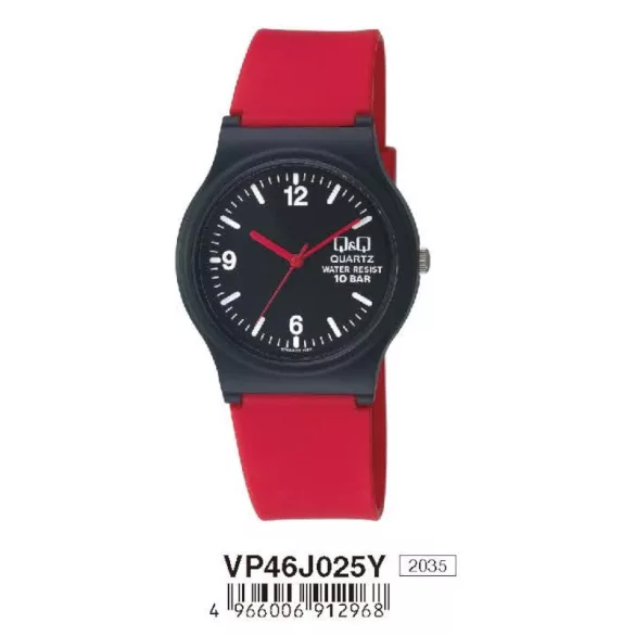 Ceas damă Q&Q quartz, carcasă neagră, curea roșie, cadran negru VP46J025Y