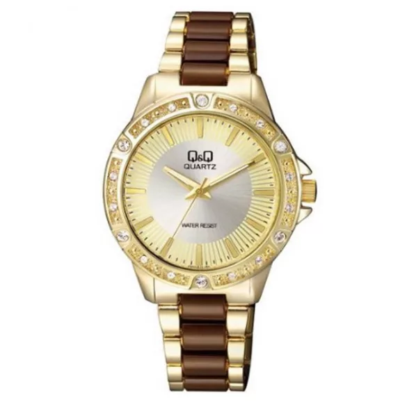 Ceas damă Q&Q quartz, carcasă și brățară aurie, cadran auriu  F533J010Y