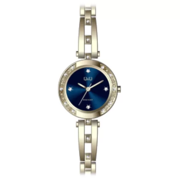 Ceas damă Q&Q fashion, quartz, carcasă și brățară aurie, cadran albastru F639J002Y