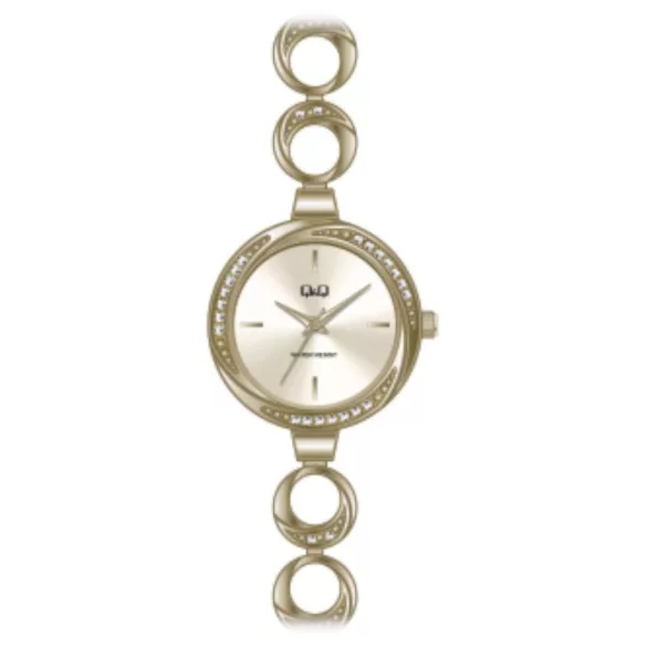 Ceas damă Q&Q fashion, quartz, carcasă și brățară aurie, cadran auriu F645J010Y