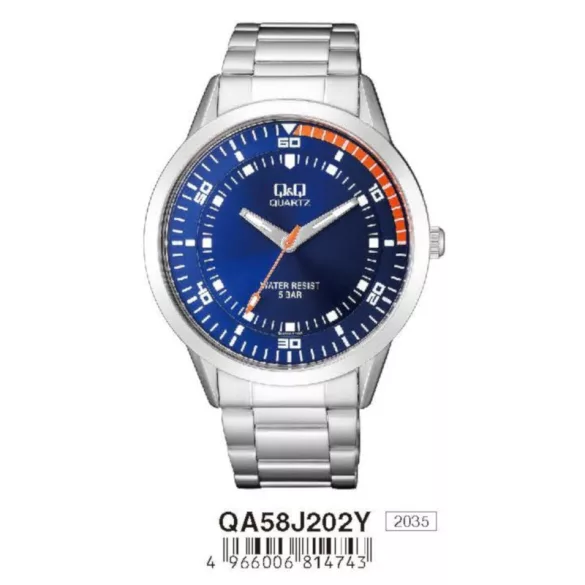Ceas bărbătesc Q&Q quartz, carcasă și brățară argintie, cadran albastru QA58J202Y