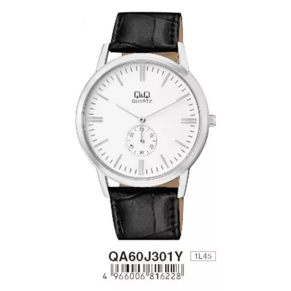 Ceas bărbătesc Q&Q quartz, carcasă argintie, curea neagră, cadran alb QA60J301Y