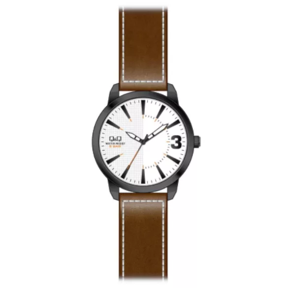 Ceas bărbătesc Q&Q quartz, carcasă neagră, curea maro, cadran alb QA98J501Y