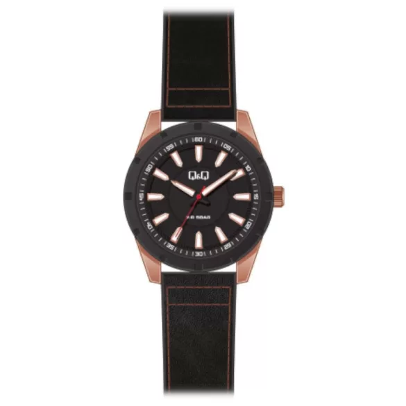 Ceas bărbătesc Q&Q quartz, carcasă neagră/culoare rosegold, curea maro, cadran negru QB14J502Y