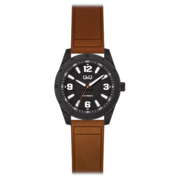 Ceas bărbătesc Q&Q quartz, cadran neagră, curea maro, cadran negru QB14J505Y