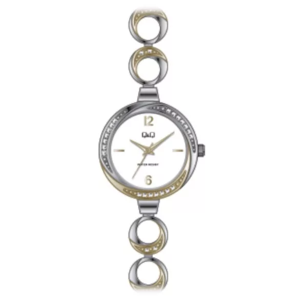 Ceas damă Q&Q fashion, carcasă și brățară bicolor, cadran alb F645J401Y