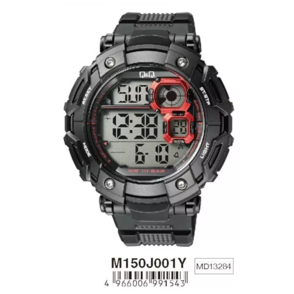 Ceas bărbătesc Q&Q plastic, LCD, carcasă și brățară neagră M150J001Y