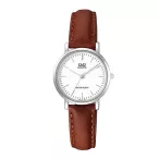  Q&Q női szíjas karóra, quartz, ezüst színű tok, sötétbarna színű szíj, fehér színű számlap, Q979J301Y