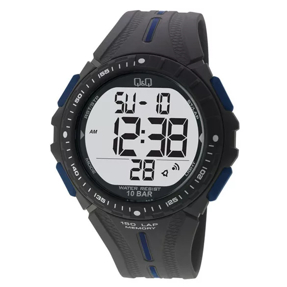 Q&Q férfi karóra, quartz, LCD kijelzés, fekete színű műanyag tok, fekete színű műanyag szíj, M102J003Y