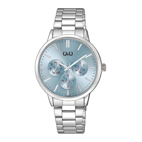 Q&Q női karóra, quartz, ezüst színű fémtok, ezüst színű nemesacél csat, kék színű számlap, A04A-003PY